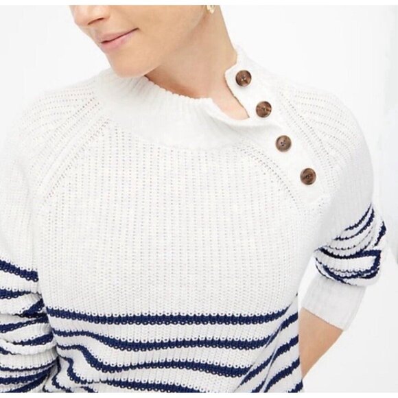 J.Crew Knit Sweater Women Medium White Blue Striped Nautical Fisherman Mock Neck - Picture 2 of 14
